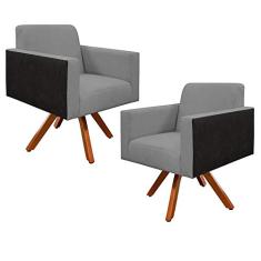 Kit 02 Poltronas Decorativa Base Giratória de Madeira Helô L02 Linho Cinza Escuro Couríssimo Preto - Lyam Decor