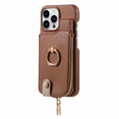 Carteira de couro com zíper com porta-cartão capa de telefone para iPhone 13 12 Mini 15 14 11 Pro Max XS XR X 7 8 Plus Ring Kickstand Cover, marrom, para iPhone 11