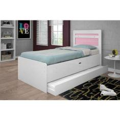 Cama Baú 0,88 Larissa com Auxiliar em MDF Framar Branco Rosa
