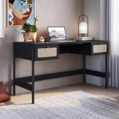 Escrivaninha oslo 2 gavetas palhinha mdf hanover ou nero base madeira 