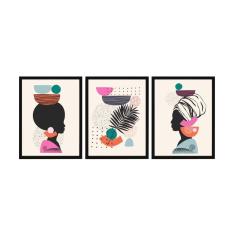 Kit Quadro Decorativo Moldura Mulher Africana Folha 3 Peças