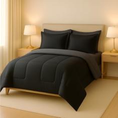 Jogo de cama Casal com edredom lençol fronha função cobre leito e cobertor (Preto e Cinza)