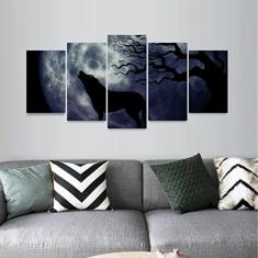 Quadro Lua Cheia Silhueta Uivo do Lobo Mosaico 5 Peças