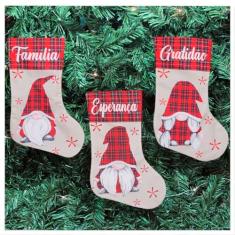 Trio De Bota Meia Enfeite Natalino Xadrez Temático 47cm