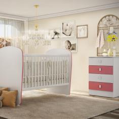 Quarto de Bebê Completo Cômoda 4 Gavetas com Berço Céu Móveis Percasa Branco/Rosa