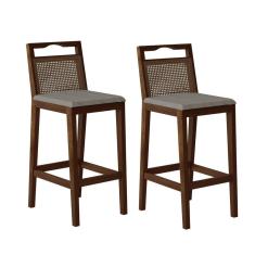 Conjunto com 2 Banquetas Madeira Maciça Rattan Vittoria Capuccino