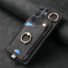 Capa de telefone com suporte de anel para Samsung Galaxy S21 S20 FE S24 S23 S22 Ultra S10 Plus S9 S8 Capa magnética de couro com compartimento para cartão, preta, para Galaxy S21 Plus