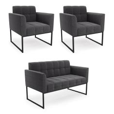 Sofá Namoradeira e 2 Poltronas Industrial Pto Elisa Bouclê Grafite D03 - D`Rossi