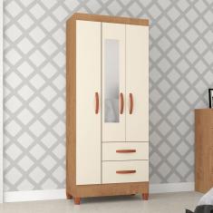 Guarda-Roupa Solteiro Fortaleza 3 Portas 2 Gavetas com Espelho Canelato Rústico/Natural/Off White - Atualle Móveis