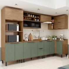 Cozinha Modulada Toscana 7 Peças Mdf com Aéreo 1200 Porta de Vidro Basculante e Armários Canto com T Freijó