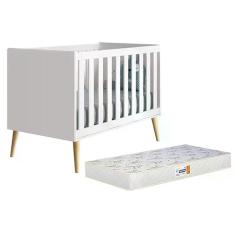 Berço Americano Theo Branco Fosco Com Pés Madeira Natural E Colchão D18 - Reller Móveis Branco Fosco