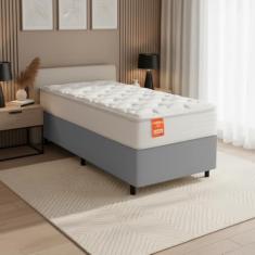 Cama Box Colchão Solteiro Molas Ensacadas Real 88x188x65cm Branco/Cinza Inducol - Suporta até 130kg por Pessoa