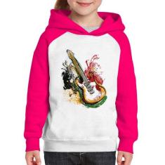 Moletom Infantil Guitarra Reggae - Foca na Moda, Branco, Rosa, 4