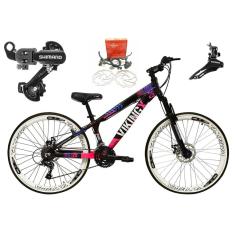 Bicicleta Aro 26 Vikingx Tuff 21v Alumínio Câmbios Shimano Freio a Disco Hidráulicos Aros Vmaxx Branco - Preto\Rosa X25