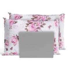 Jogo De Lençol Cama Queen 3 Peças Percal Rosas Cinza - Casa Home