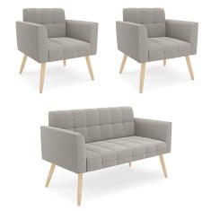 Namoradeira E 2 Poltronas Pé Palito Natural Elisa Bouclê Cinza D03 - D`rossi