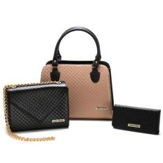 Kit Bolsas bicolor mais carteira Metalassê, com alça transversal Preto