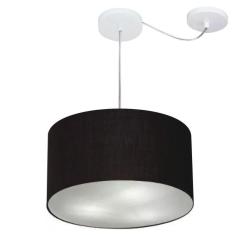 Lustre Pendente Cilíndrico Com Desvio De Centro Vivare Md-4256 Cúpula Em Tecido 40x21cm - Bivolt Preto 127/220v