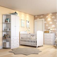 Quarto de Bebê Completo com Guarda Roupa Cômoda e Berço Mini Cama 100% MDF Pega-Pega Móveis Peroba Branco Brilho