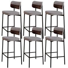 Kit 06 Banquetas Alta Bar Cozinha Sala De Jantar Aço Preto Kaira C01 Linho Cinza Courino Café - Lyam Decor