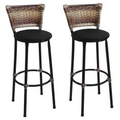 Kit 2 Banquetas Altas Preta com Encosto Junco Capuccino Assento Preto