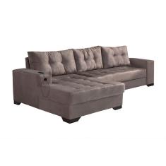 Sofá 5 Lugares Dijon com Chaise Esquerdo e Entrada USB Suede Nude