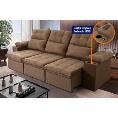 Sofá Retrátil Reclinável Verona USB + Porta Copo 2,30m Suede Velut Bege c/ Molas no Assento - King House