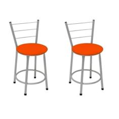 Kit 2 Banquetas Baixas Prata com Encosto Assento Laranja - Fortmix