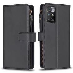 Capa com alça de pulso para Xiaomi Redmi 10, 9 compartimentos para cartão, 1 carteira de couro com zíper, função de suporte, fecho magnético, capa para celular compatível com Redmi 10 4G 6,5 polegadas