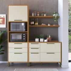 Cozinha Compacta 194cm com 3 Peças 2 Prateleiras e 1 Paneleiro 100% Mdf Vicenza Espresso Móveis Amêndoa/Off White