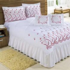 Kit Cobre Leito Casal Queen Desejos 07 Peças Bordado - Branco com Verm