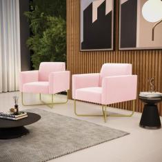 Poltrona Sala Kit 2 Marisa Aço Industrial X Dourado Suede Rosa Bebê D0
