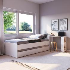 Bicama Solteiro Madeira Maciça com Baú e Escrivaninha Hashtag Inter Link Branco Lavado