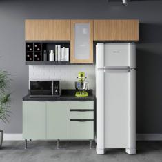 Cozinha Compacta Orquídea 180cm 3 Peças, 5 Portas e 3 Gavetas com Divisor de Talheres e Tampo Cz1202 Mármore Lunar/Verde Mar/Freijó