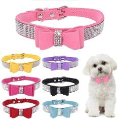 Coleiras de cachorro pequenas para cadelas, lindo cristal de strass brilhante com gravata borboleta com glitter diamante gravata borboleta para filhotes de cachorro PP pequeno médio animal de