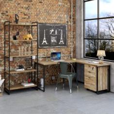 Conjunto Home Office Industrial 3 Peças 1 Escrivaninha em L 1 Estante e 1 Gaveteiro Compace Carvalho