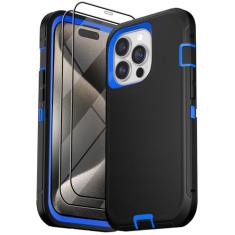 DHCALL Capa para iPhone 15 Pro Max (6,7 polegadas), com 2 protetores de tela de vidro temperado [proteção contra quedas de corpo inteiro de grau militar resistente] à prova de choque resistente