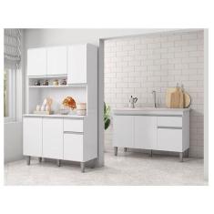 Balcão De Pia Tatiane 120 Cm E Armário Cozinha Kit Márcia Ambiente Branco Brilho - Ajl