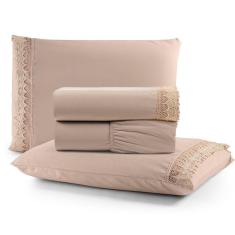 Jogo Cama Lençol Haia King Percal 200 Fios 100% Algodão Guipir Bordado Inglês 4 Peças - Avelã