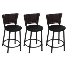 Kit 3 Banquetas Baixas Preta com Encosto Junco Argila Assento Preto