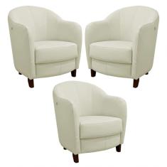 Kit 3 Poltronas Decorativas Sala de Estar Pés Madeira Kairós Couro Off White Gran Belo