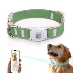 Airtag Coleira de cachorro QR Code - IP68 à prova d'água integrada com suporte para coleira de cachorro - Perfil online gratuito de animais de estimação - Cânhamo de algodão natural durável - Adequado