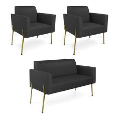 Sofá Namoradeira E 2 Poltronas Pé De Ferro Dourado Marisa Corino D03 Preto