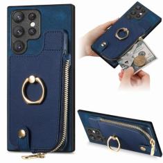 Capa de couro com suporte de anel de carteira para cartões com zíper para Samsung Galaxy A54 A34 A14 A53 A12 A23 5G S23 Ultra S22 S21 Plus capa de bolsa, azul, para Galaxy S22Ultra