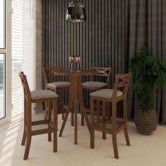 Kit Bar Bistrô Mesa Retrô 4 Banquetas Alta X Madri Madeira Maciça Pinhão Suede Bege - CCS