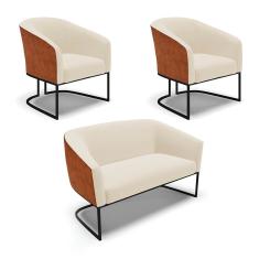 Namoradeira e 2 Poltronas Industrial Preto Stella Noz/Linho Bege D03 - D`Rossi