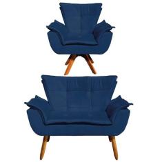 Kit 01 Namoradeira e 01 Poltrona Giratória Opala Suede Base Madeira MM