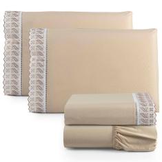 Jogo De Lençol Queen 4 Peças Basic Percal 180 Fios Lese Bordado Inglês - Cáqui