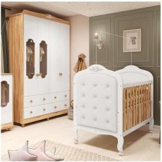 Quarto de Bebê com Guarda-roupa com Janelas e Berço com Capitonê Maya Provençal Espresso Móveis Branco Brilho/Amêndoa/Branco