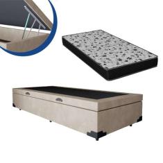 Cama Box Baú Solteiro Colchão Espuma D33 Bordado + Box Bege 53x78x188 
